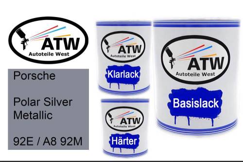 Porsche, Polar Silver Metallic, 92E / A8 92M: 1L Lackdose + 1L Klarlack + 500ml Härter - Set, von ATW Autoteile West.